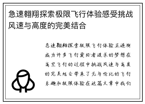 急速翱翔探索极限飞行体验感受挑战风速与高度的完美结合 急速翱翔探索极限飞行体验感受挑战风速与高度的完美结合